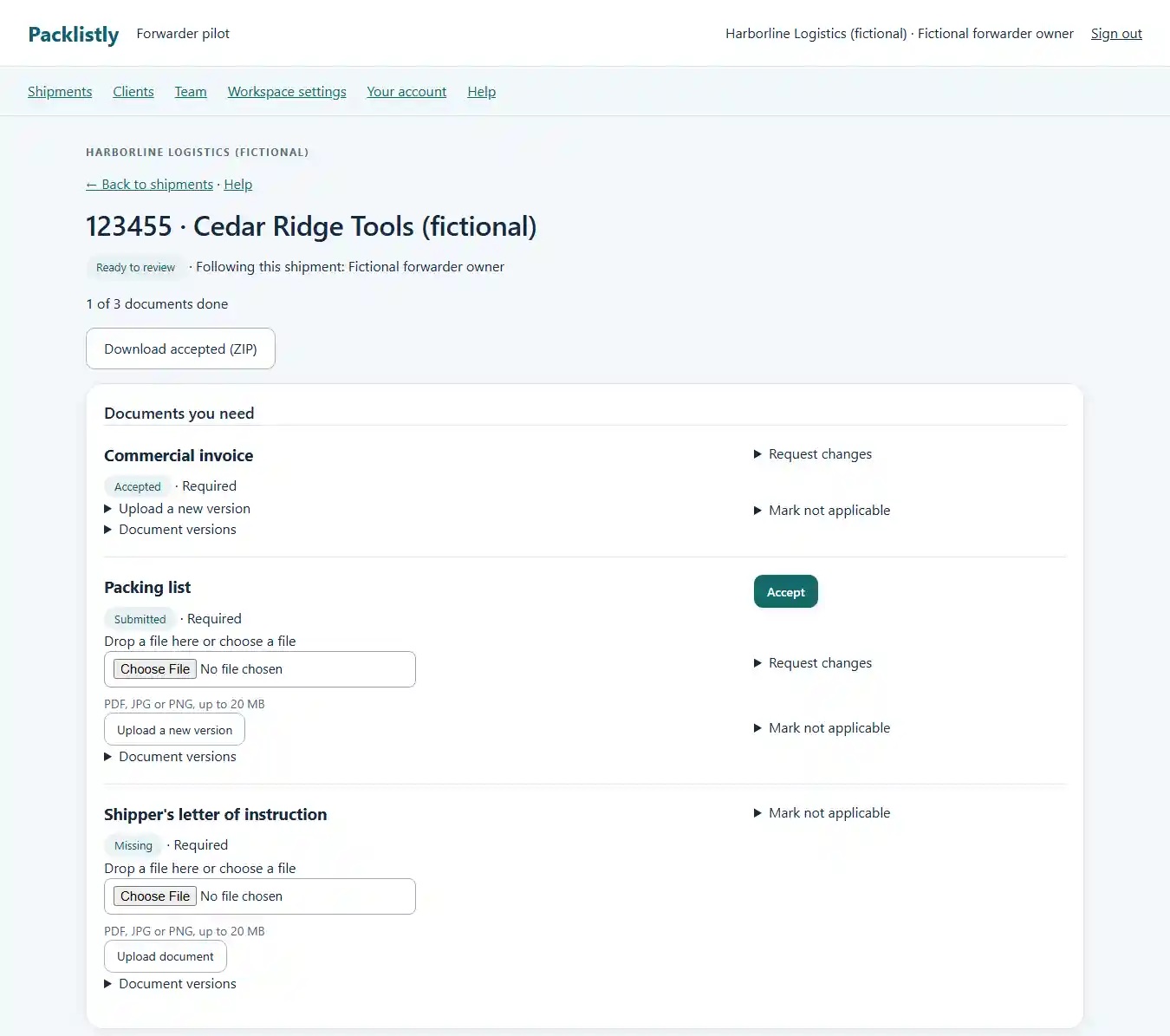 Packlistly shipment 123455 checklist for Harborline Logistics (fictional) and Cedar Ridge Tools (fictional)